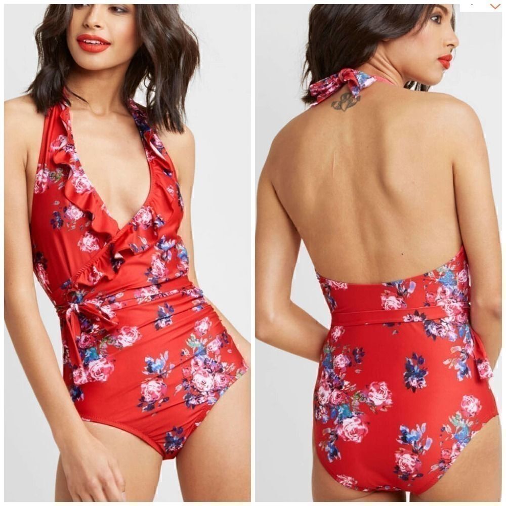 NEW ModCloth Red Floral Reese One Piece Swimsuit